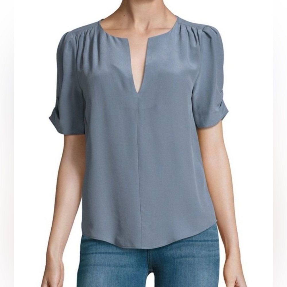 Joie Slate Blue Silk Split V-Neck Blouse